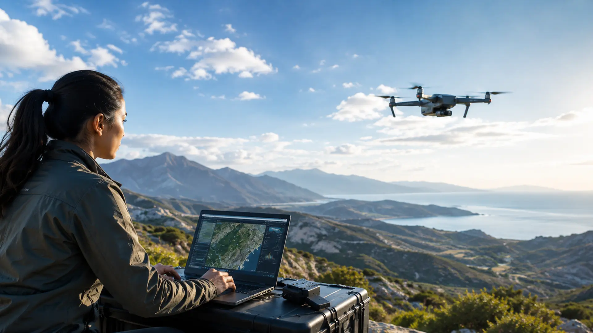 Woman operating drone